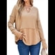 thumbnail image 2 of Camisetas Henley de Larga con Cuello en V para Mujer, Túnicas de Punto Informales, Conjuntos de Otoño con Abertura para el Pulgar. Caqui XXL, 2 of 8