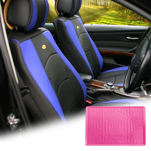 FH Group Blue Black Leatherette Front Bucket Seat Cushion Covers for Auto Car SUV Truck Van with Pink Dash Mat Combo