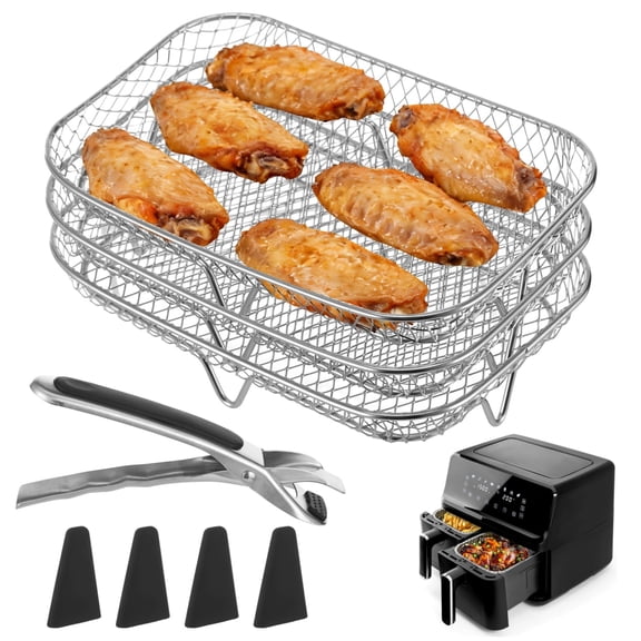 3-Layer Air Fryer Rack for Ninja Dual Zone – Stackable Stainless Steel Grilling Tier Set, Rectangular Dehydrator Racks with Silicone Feet & Anti‑Scald Clip