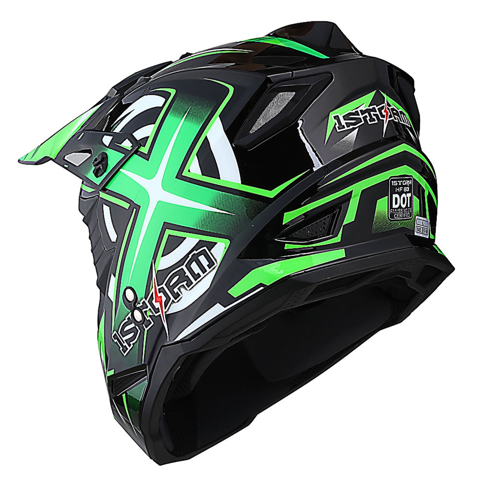 1Storm Adult Motocross Helmet BMX MX ATV Dirt Bike Helmet Racing Style HF801 + Goggle + Gloves Bundle; Sonic Green