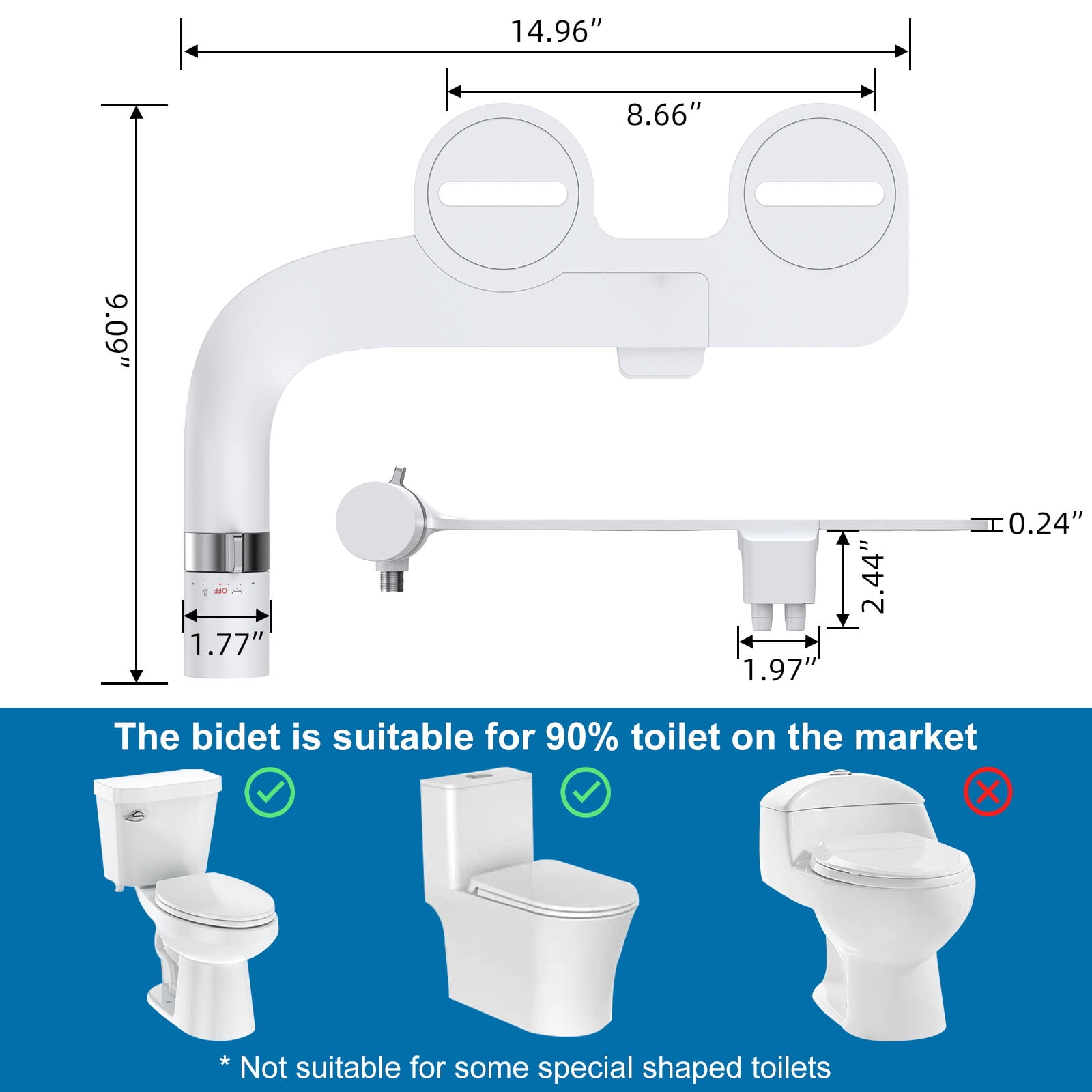 Garvee Non-Electric Bidet Attachment with Self-Cleaning Dual Nozzles & Brass Inlet Adjustable Pressure Easy Install Toilet Bidet for Rear & Feminine Wash