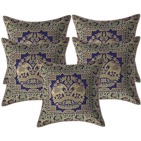 Stylo Culture Indian Navy Blue And Gold Throw Pillow Covers Christmas Brocade 16x16 Jacquard Weave Banarsi Sofa Spring Throw Pillow Covers Elephant 40x40 cm Decorative Cushion Covers (Set Of 5)