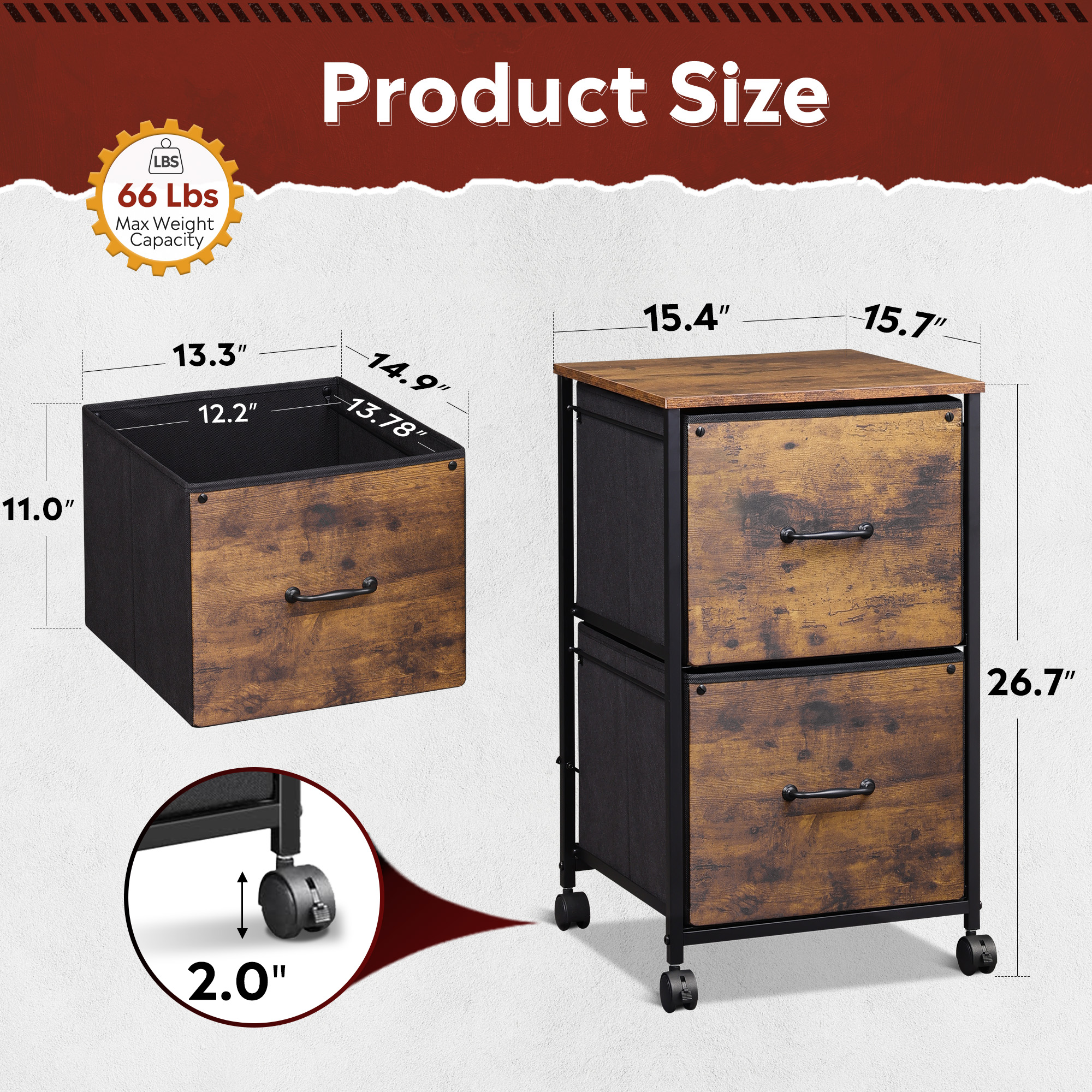 GALAXHERO 2 Drawer File Cabinet, Rolling Printer Stand Small Filing Cabinets for Home Office, Fabric Vertical File Cabinet Fits A4 or Letter Size, Rustic Brown Wood Grain