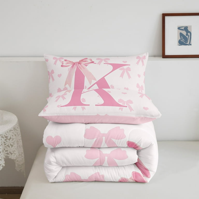 Pink Bow Comforter Set Queen Size,Initial Letter K Chic Romantic