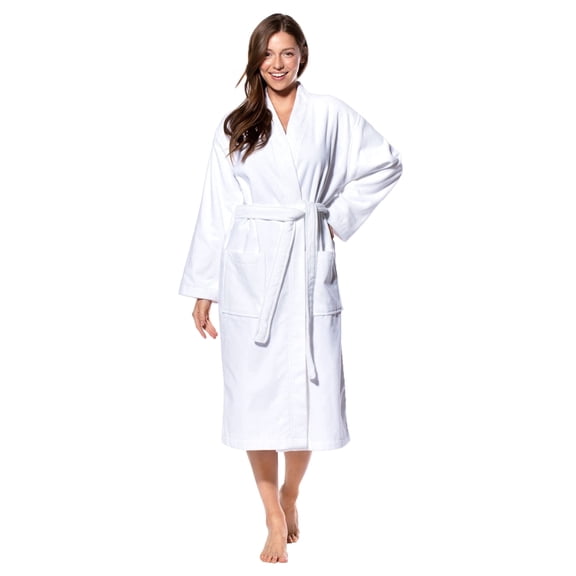 Turquaz Linen 100% Turkish Cotton White Terry / Velour Kimono Bathrobe (SM)