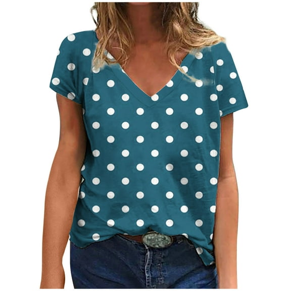 Virmaxy Womens 2024 New Summer Trendy Blouse Tops Tops Polka Dot Original Printed V-Neck Short Sleeve T-Shirt Green-B XS