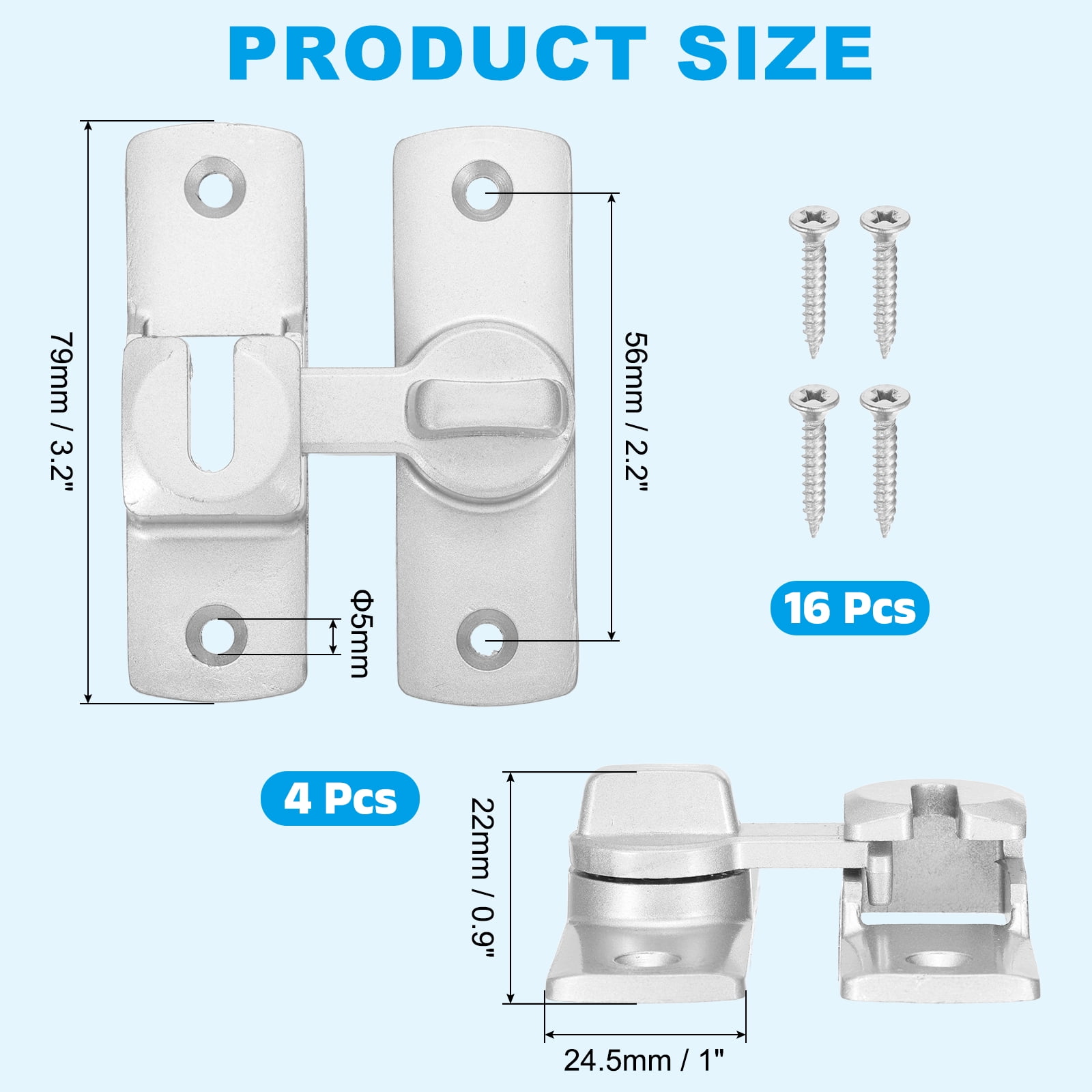 Uxcell 4 Pcs Barn Door Lock, 90/180 Degree Flip Barn Door Lock Aluminum Alloy Sliding Security Latch with Screws for Garden Cabinets Bathroom, Silver Tone