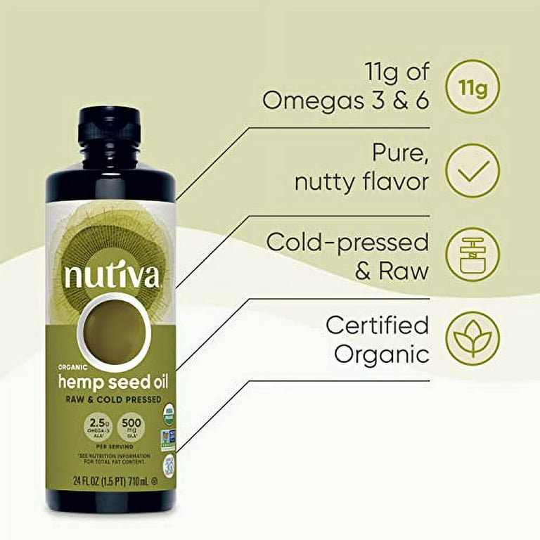 Nutiva Organic Cold-Pressed Unrefined Raw Hemp Seed Oil, 24 Ounce, USDA  Organic, Non-GMO, Whole 30 Approved, Vegan, Gluten-Free & Keto, Rich In  Omega
