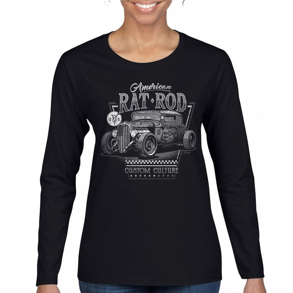 American Rat Rod Women's Long Sleeve T-shirt Hot Rod Custom Culture Route 66 1930s Classic Car Vintage Rusty Cars Garage