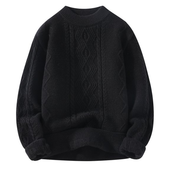 Miluxas Men's Thick Solid Color Knitted Sweater Crew Neck Sweater Long Sleeve Crew Neck Top Black