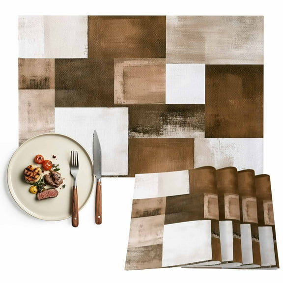 Placemats Set of 6, Brown Plaid Place Mats Abstract Art Color Block Tablemats Washable Placemat Table Decoration for Kitchen Table Dinner Party Home Decor Indoor Outdoor 13x19 Inch