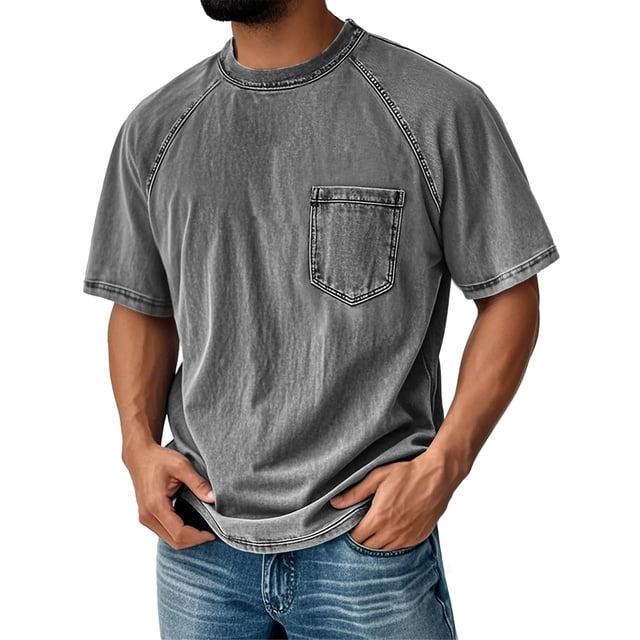 Men's Vintage Washed Short-Sleeve T-Shirt With Chest Pocket Raglan Sleeve Summer Casual & Daily Wear,Gray,M
