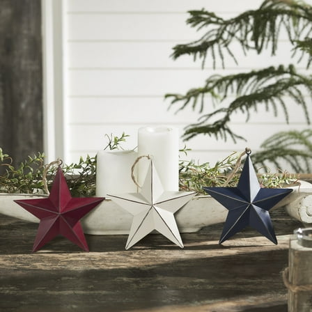 VHC Brands Patriotic Painted Metal RWB Stars Ornament Set of 3 Colors 6x6x1, Independence Day Decor, Decorative Ornament, Rustic Farmhouse Decorations, Burgundy, Navy, Creme