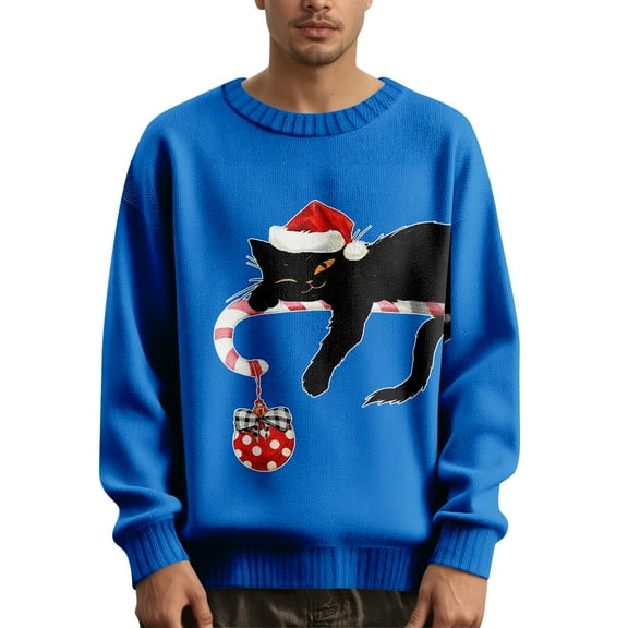 longantii Funny Mens Sweater Retro Christmas Black Cat Sweatshirt Cute Round Neck Cat Print Christmas Pullover 2025 Fall Winter Holiday Sweater Blue L