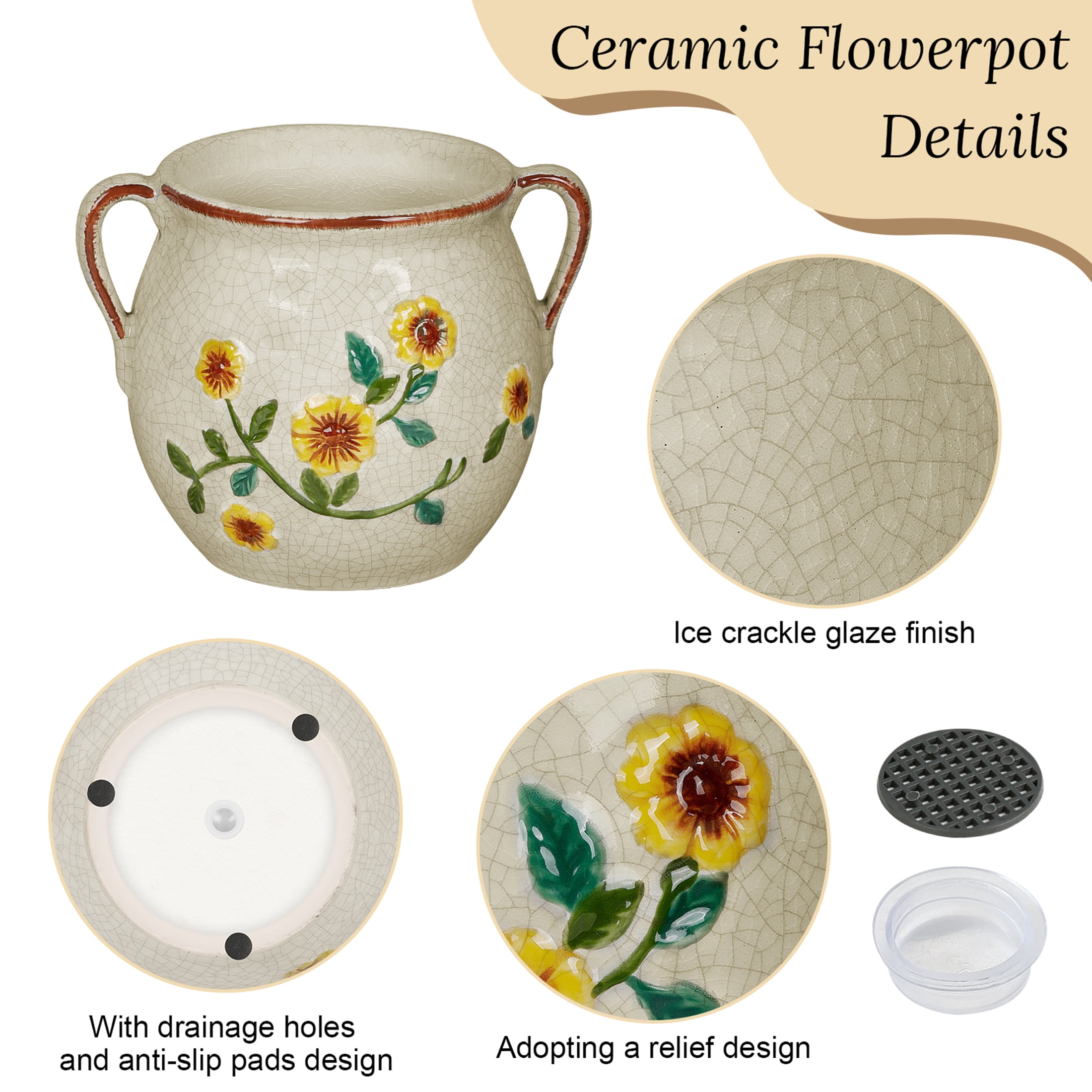 BUYMAX 6 inch Rustic Ceramic Planter with Handles, Embossed Sunflower Pot, Vintage Crackle Glaze Flower Container for Home & Garden Décor