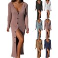 thumbnail image 4 of Robe Chandail Longue en Tricot à Col en V Profond pour Femmes avec Boutons, Manches Longues, Robe Maxi, 4 of 6