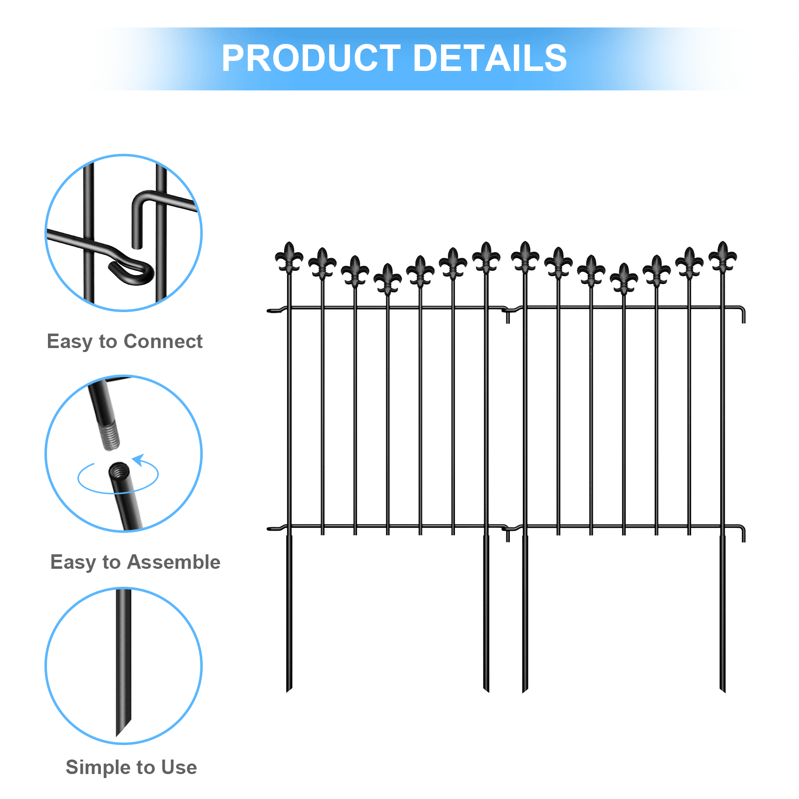 25-Pack Fleur-de-Lis Decorative Garden Fence 25FT Total Length, 24in×12.6in Black Metal Animal Barrier for Yard Patio Flower Bed