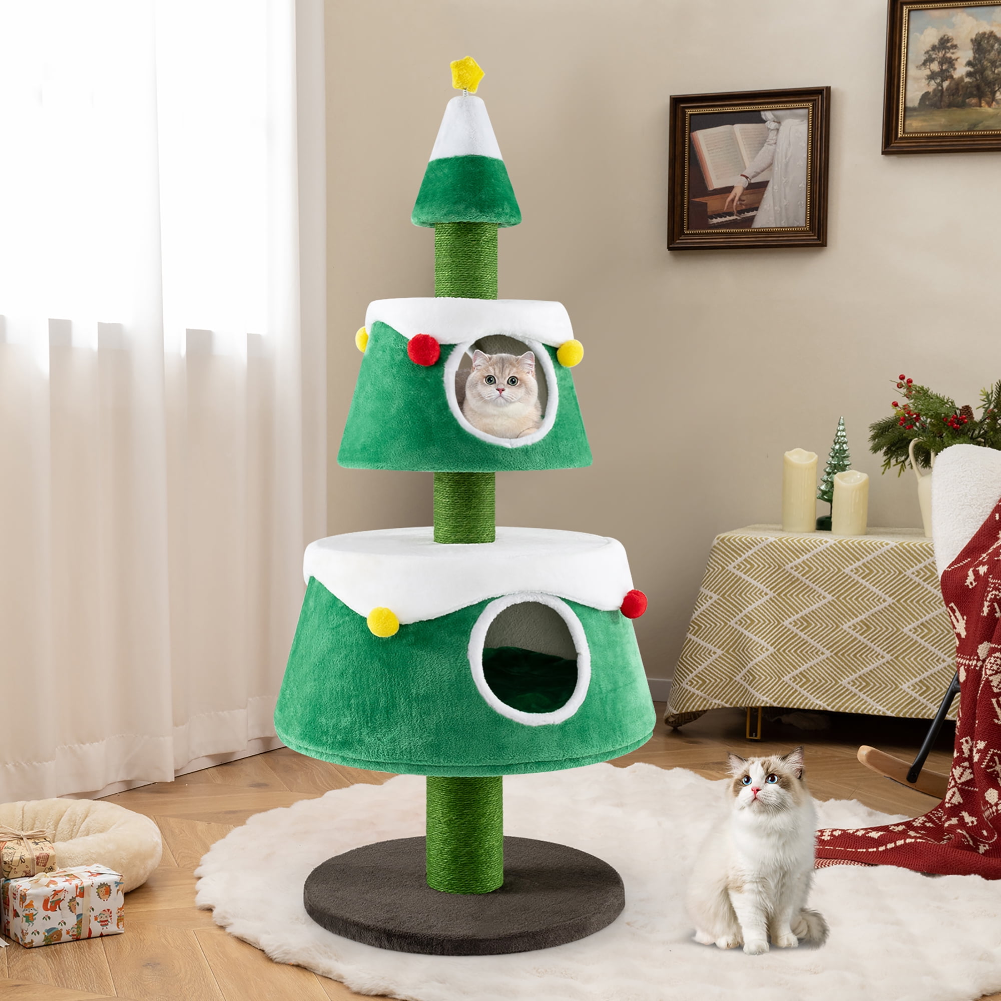 Gymax Christmas Cat Tree for Indoor Cats w/ 2 Condos Sisal Scratching Posts Spring Toy