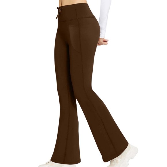 Dagegui Women's Bootcut Yoga Pants Drawstring High Waist Tummy Control Flare Leggings Butt Lifting Workout Gym Pant with Pocket Brown XL