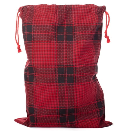 XL Reusable Christmas Canvas Gift Bag, Buffalo Plaid Design - Deluxe Drawstring Fabric Cloth Present Stocking Sack - XL 26" x 19" Holiday Wrapping Alternative
