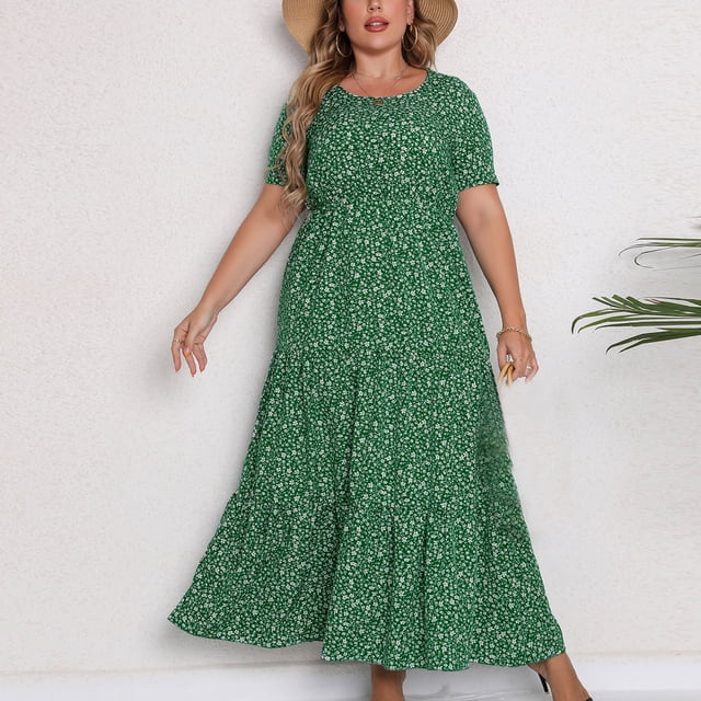 SMihono Robe Maxi Bohème d'Été pour Femmes Grande Taille Robe Décontractée Aguichant Mode Été Col Rond Manches Courtes Ample Imprimée Robe de Plage