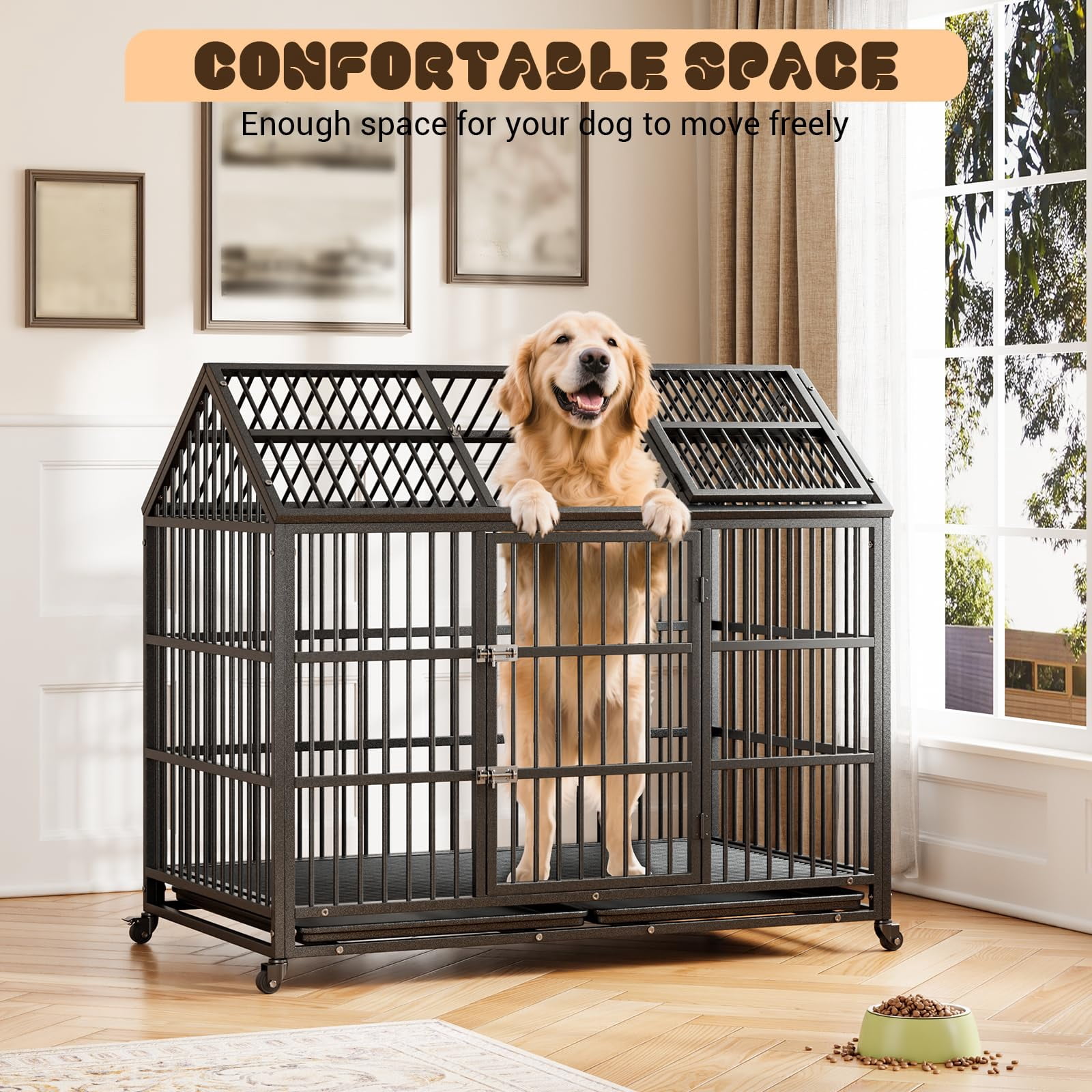 Garvee Heavy Duty Dog Crate, 52 Inch Indestructible Metal Dog Kennel Cage for Large Medium Small Dogs, Indoor Dog Crate with Lockable Wheels and Removable Tray