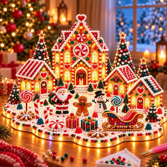 LOWLHOME Magical Christmas Village 3D Gem Art DIY Kit, Pearl Gingerbread Craft for Adults, Festive Tabletop Christmas Decor with Miniature Cottages