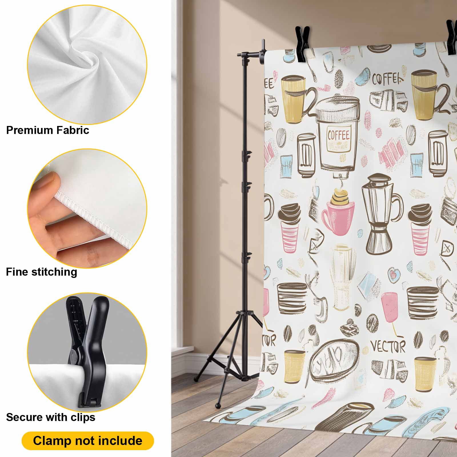 Coffee Backdrop for Photography, Cartoon Modern Hand Painted Photo Backdrop Portrait Background Party Banner Photo Backgrounds for Studio Booth Props, 7x5ft