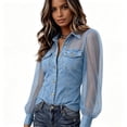 thumbnail image 7 of KLHDSF Denim Shirt Women Button Down Mesh Long Sleeve Jean Shirts Chambray Pearl Snap Shirt, Trendy Spliced Jean Tops, Chest Pockets, Daily Wear Light Blue L, 7 of 7