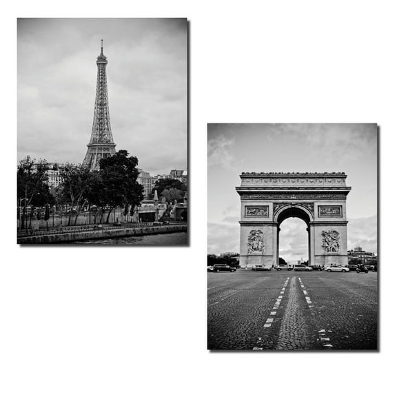 Gray Paris Landmark Arc de Triomphe and Eiffel Tower Adult Decor; 2 - 11" x 14" Unframed Posters