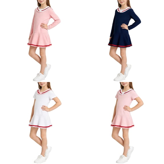 Babcutegg Kid Girls Dresses Long Sleeve A Line Campus Style School Uniform for Girls Children's Long Sleeved Lapel Dress For Season Girls' Casual Ruffle Dress Long Sleeved Lapel Dress Size Blue