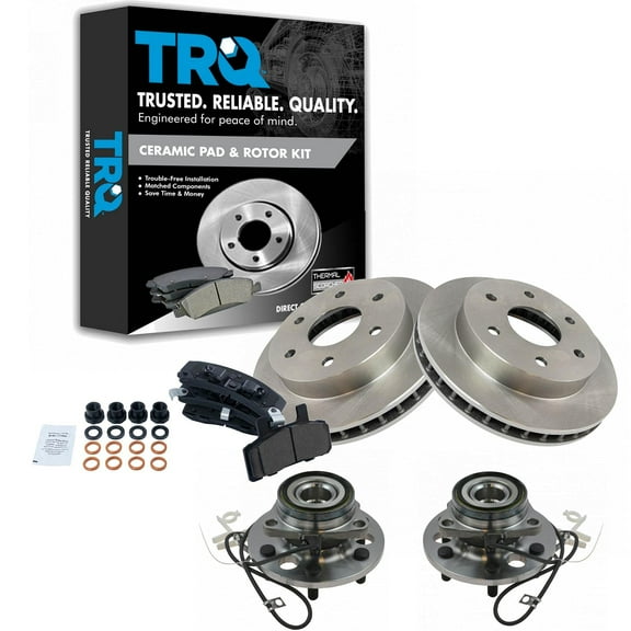 TRQ Wheel Hub & Bearing Ceramic Brake Pads Rotors Kit Set Fits Select Cadillac Chevy GMC 4WD