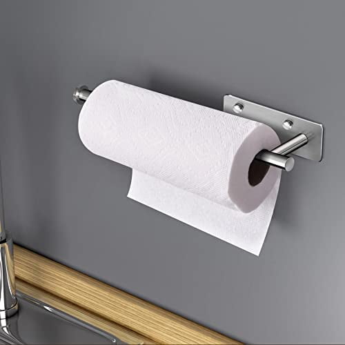 Under Cabinet Paper Towel Holder, Wall Mounted Kitchen and Bathroom Roll Holder with Damping Effect, Brushed Silver Stainless Steel