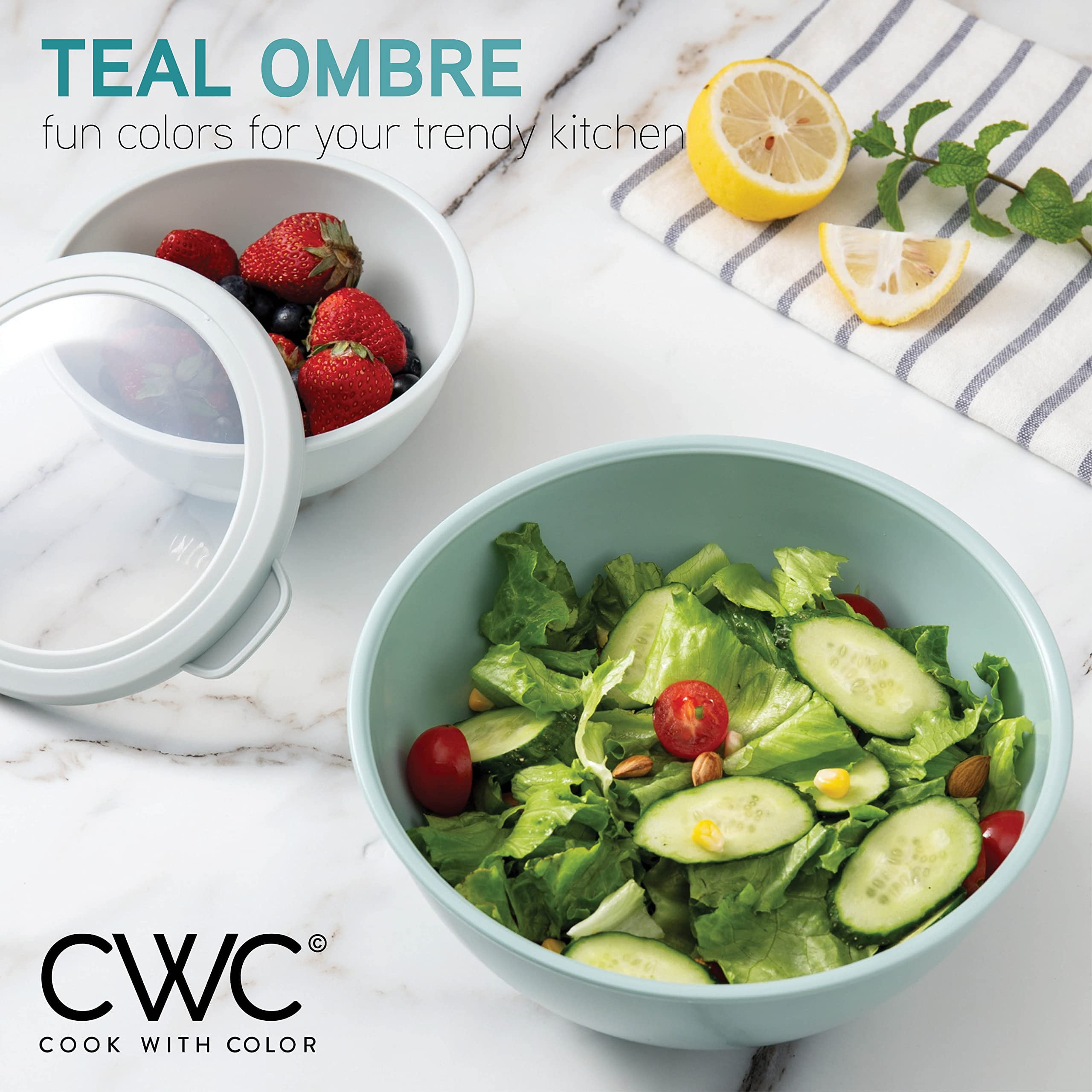 Cook with Color Mixing Bowls with TPR Lids - 12 Piece Plastic Nesting Bowls Set includes 6 Prep Bowls and 6 Lids
