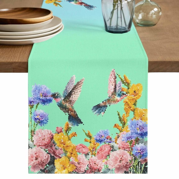 Table Runner 48 Inches Long for Kitchen Dining, Teal Green Hummingbirds Dresser Scarf Farmhouse, Dining Table Decorations for Wedding/Parties, Spring Watercolor Flowers Plant 13 x 48 In