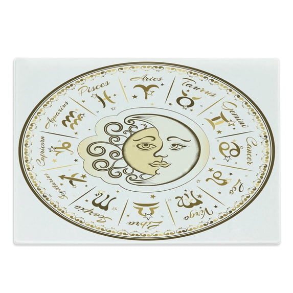 Zodiac Cutting Board, Circular Zodiac Chart Apparent Position of Sun and Moon in Centre Pattern Print, Decorative Tempered Glass Cutting and Serving Board, Large Size, Yellow Beige, by Ambesonne