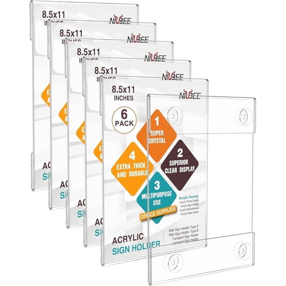 NIUBEE 6 Pack Acrylic Window Sign Holder 8.5 x 11 with 4 Suction Cups, Crystal Clear Suction Mounted Sign Holder, Easy Install for Flyers, Menus and Notices in Stores & Offices