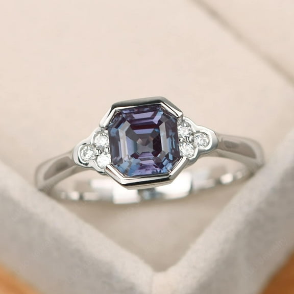 Half bezel set June birthstone ring, alexandrite mothers ring, asscher cut, color changing gemstone