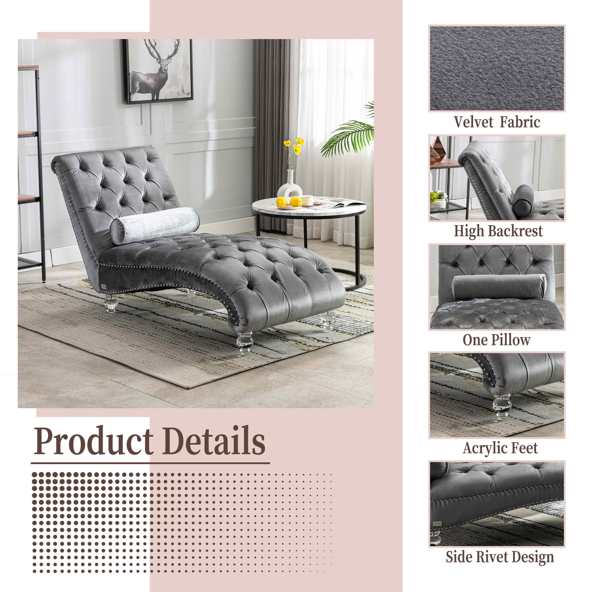 MAYEERTY Velvet Button Tufted Chaise Lounge with Pillow, Ergonomic S-Shape Indoor Lounge Chair with Wood Frame Acrylic Legs for Bedroom Living Room Office