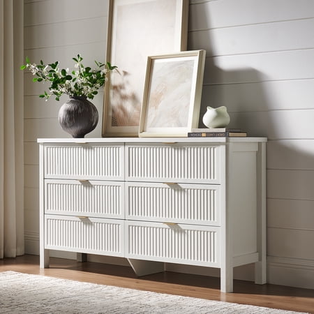 Fluted 6 Drawers Dresser for Bedroom 55 Inch Wide Modern Wood Chest of Drawers Mid Century Chests Drawer Clothing Organizer for Hallway (White)