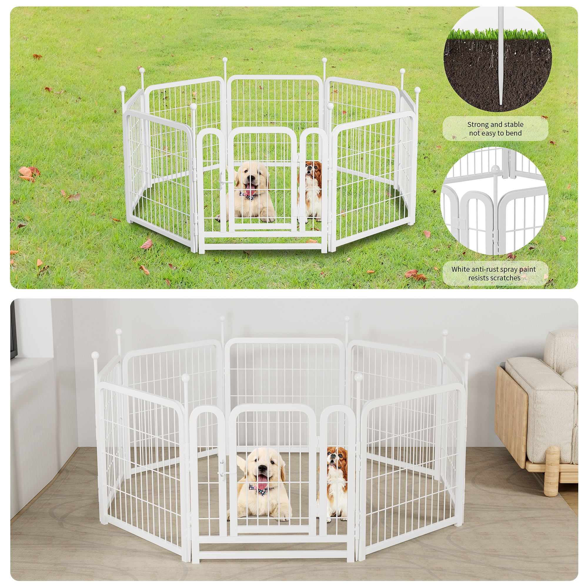 Pefilos Outdoor Dog Playpen 24" 8 Panels Indoor Dog Fence Metal Dog Pen Heavy Duty Pet Puppy Exercise Pen for RV Camping Garden Yard, White
