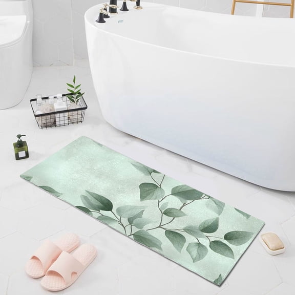 Watercolor Green Leaf Bathroom Runner Rug Absorbent Non Slip Bath Mat for Living Room Kitchen 39" x 20"