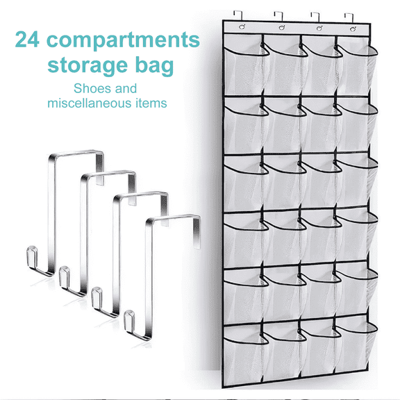 ySky 24 Large Pockets Hanging Shoe Organizer-Hold up to 12 Pairs of Shoes with 4 Hooks Hanging Storage Bag for Store Shoes, Toys, Cosmetics, Jewelry, Miscellaneous Items(White)