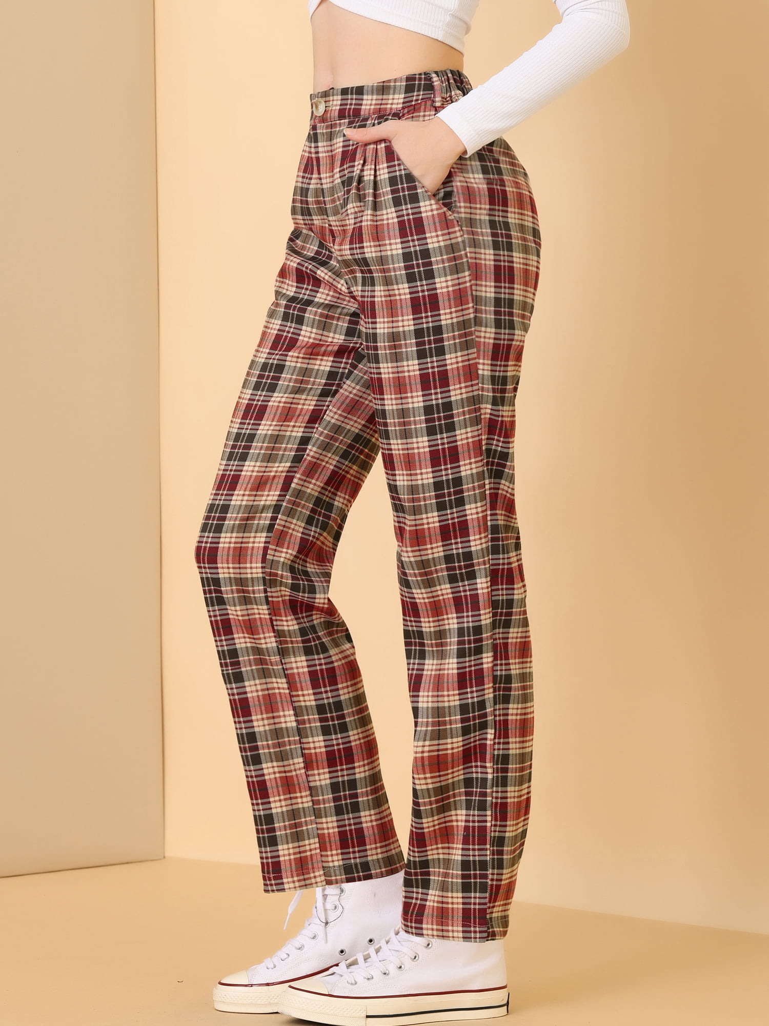 DARING DIVA Women's Plaid Trousers Pockets Straight Leg Casual Pant XS Red Brown Beige