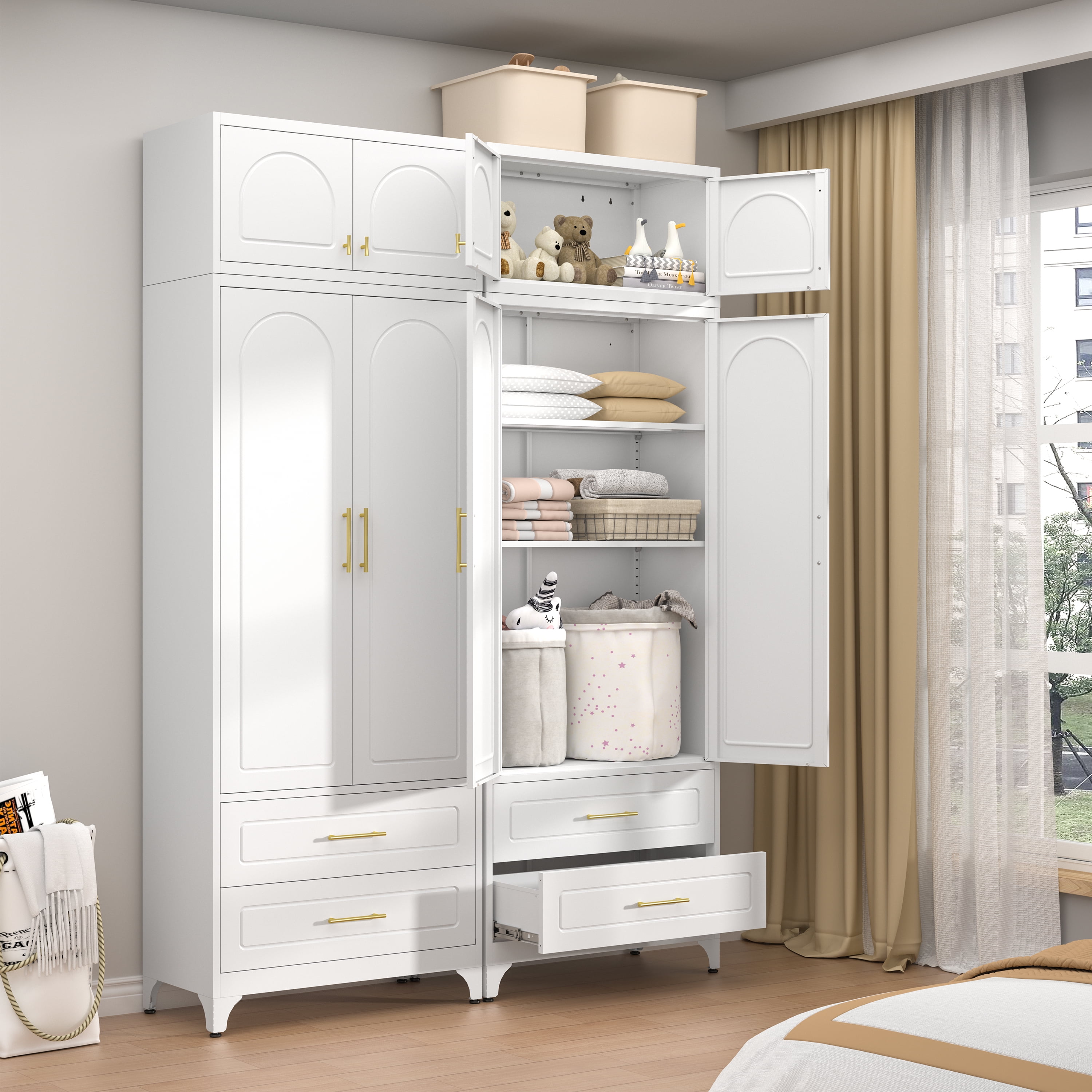 Polup 90" Tall Pantry Cabinet with Two Drawers, Kitchen Metal Storage Cabinets with Doors and Shelves,White, Assembly Required