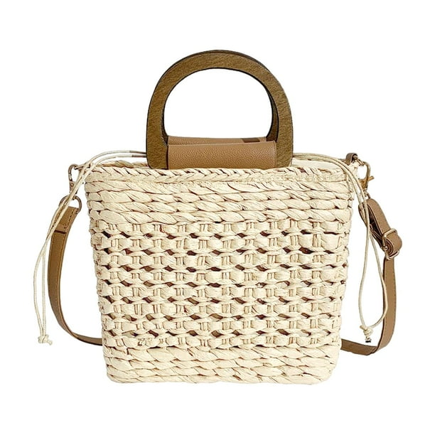 Bolso de mano informal de paja tejida con cordón, bolso de mano informal, bolso de mano de paja retro para Beige