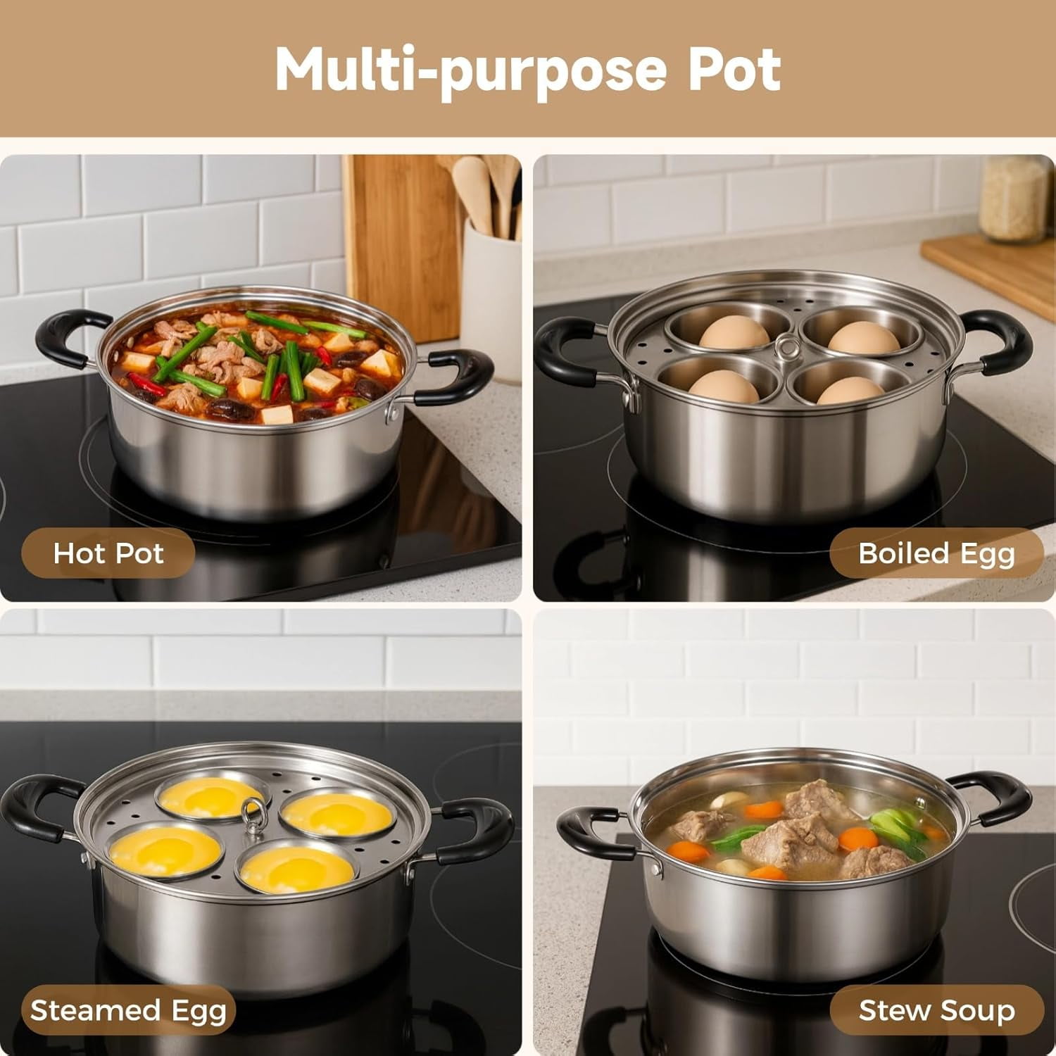 FANGNISN Egg Poacher Pan, Stainless Steel Poached Egg Maker Pan with 4 Cups Poached Egg Cooker Nonstick for Kitchen (Without Coating)