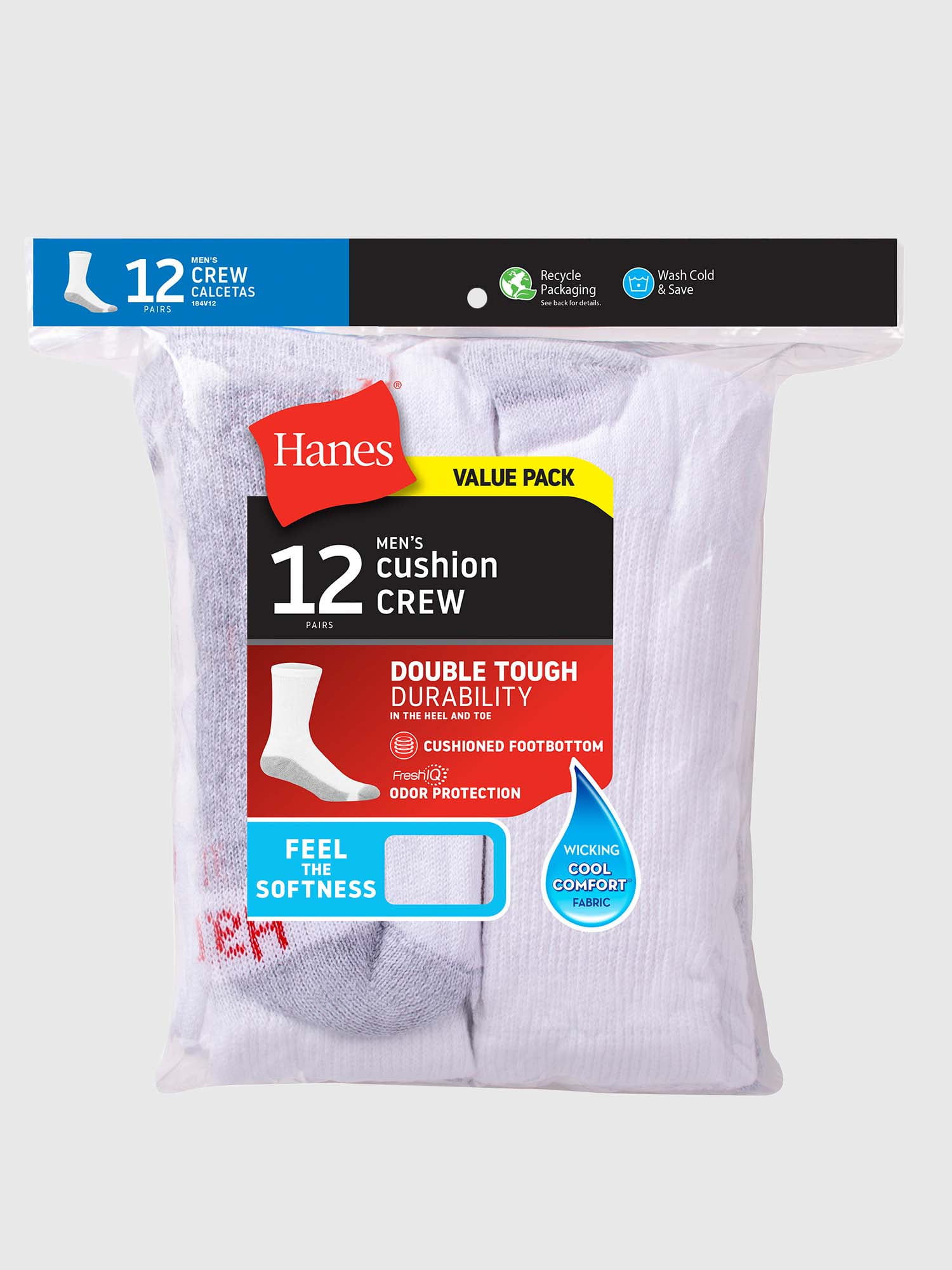 Hanes Men's Double Tough Durability Crew Socks, 12-Pack