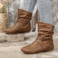 thumbnail image 2 of Women's Buckle Ankle Boots Flat Slouch Boots Faux Leather Buckle Booties Comfortable Slip On Short Boots Fall Winter Dress Shoes Brown 38, 2 of 8