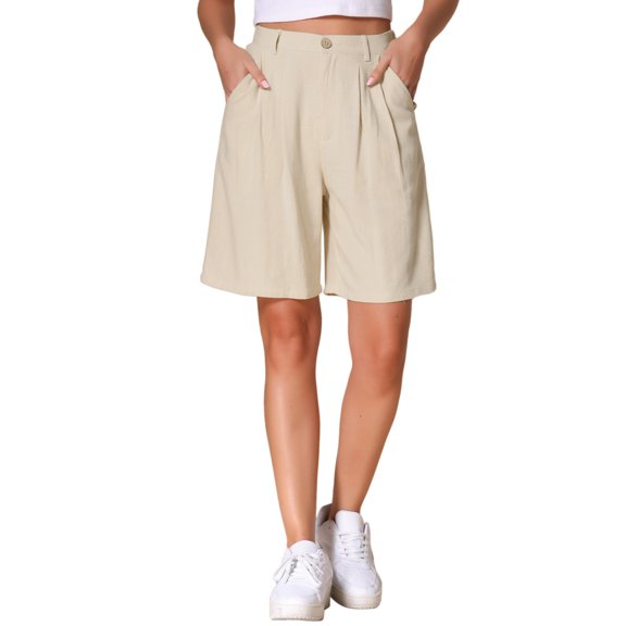 INSPIRE CHIC Shorts for Women's High Waisted Linen Wide Leg Elastic Waist Dressy Casual Summer Bermuda Shorts XS Apricot